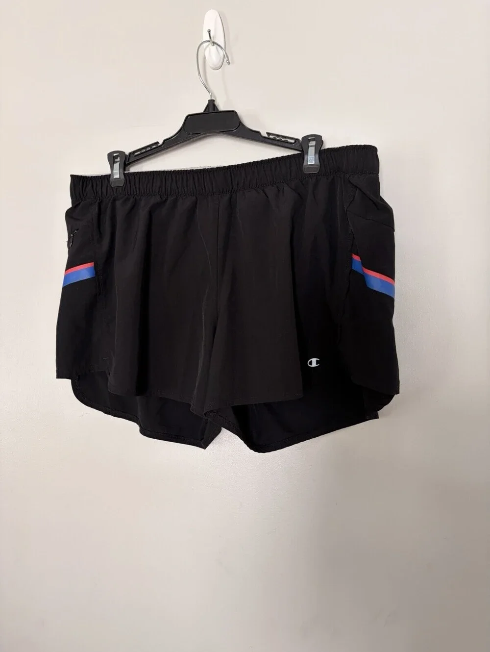 XL Champion Authentic Athleticware Black Women's Shorts Red and Blue Stripe Run